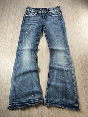 Vigoss Y2K Low Rise Flare Jeans Distressed Farbspritzer Gr. 7 Blau Vintage