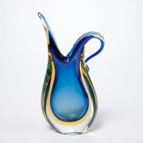 Vintage Flavio Poli Murano Art Glass Teardrop Vase Sommerso Blue 6" Handle