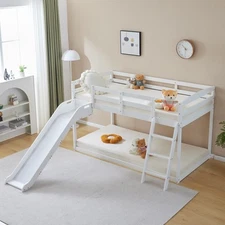 Bunk Bed with Curved Slide Low Bunk Bed Space-Saving No Spring Box Needed