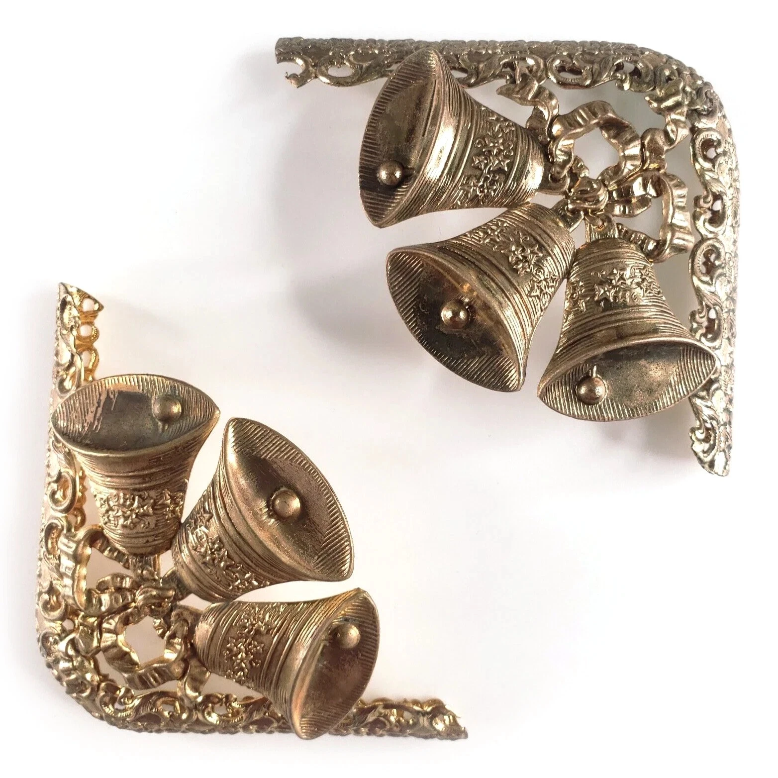 Antique Brass Book Corners - Ornate Triple Bell Motif c1885 - Victorian Pair