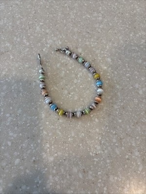 Vintage Sterling Silver Toggle Bracelet Multi-Color Cats Eye Beads 7.5'' Colorful