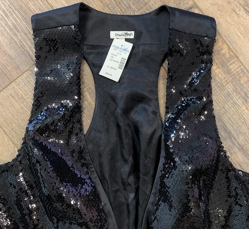 Cabaret Nightlife BLACK SEQUIN VEST Women's XL Silky Tie Back Whimigoth Coquette - Image 2 of 3