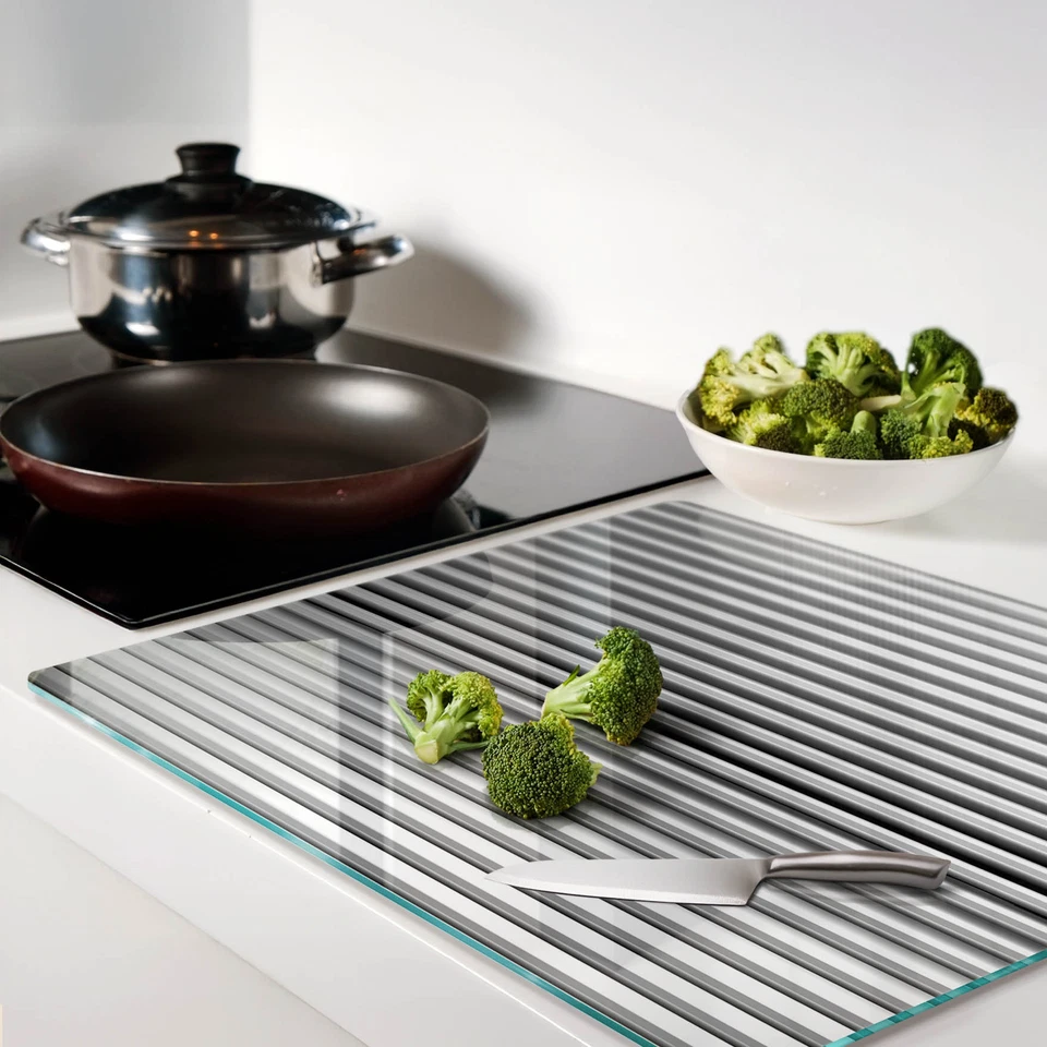 Tagliere Coprifornelli in Vetro 60x52cm Strisce d'acciaio argento - Immagine 3 di 4