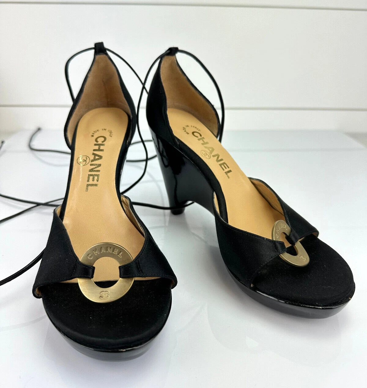 Chanel — Chanel Black Satin Wedge Heels Sandals Shoes CC Logo Brass Ring 35.5 NEW w/o Box
