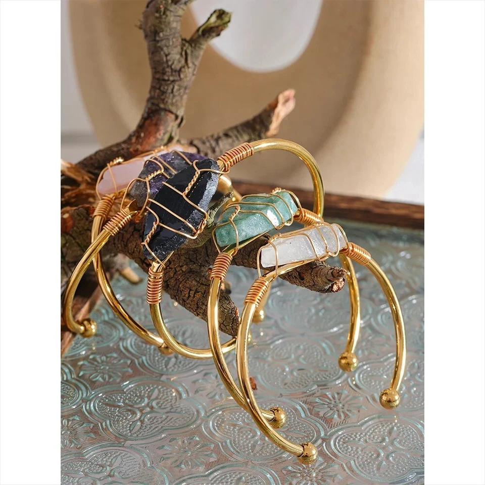 Wunderschöner Gold Edelstahl Armreif Quarzstein Obsidian Amazonit Handgefertigt - Bild 4 von 4