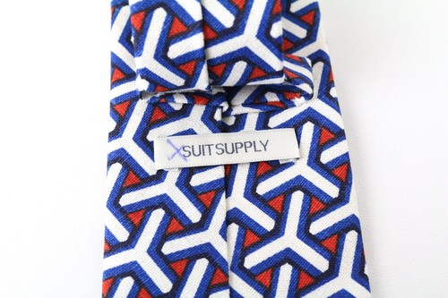 SUITSUPPLY Mens Tie 148 x 8 cm Blue Red White Pattern Linen Cotton Pointed-End - Picture 5 of 7