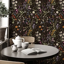 Jiffdiff Retro Black Floral Wallpaper 17.3"x118" Peel and Stick Vinyl Decal