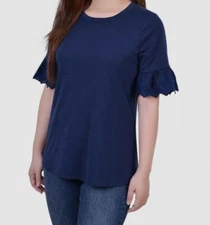 $42 NY Collection Women's Blue Bell Sleeve Slubbed Blouse Top Petite Size PL