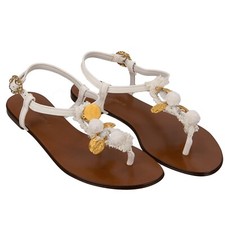 DOLCE & GABBANA Madonna Pendant Crystal Leather Sandals Gold White 38.5 12773