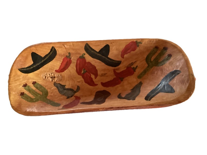 Handcrafted Chili Pepper Cactus Cowboy Western Theme Wooden Serving Batea Bowl