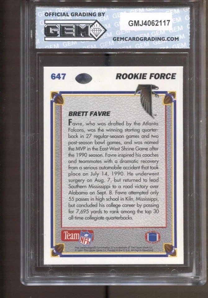 Brett Favre 1991 cubierta superior #647 gema como nueva 10 radiocontrol novato Packers Jets Vikings Foto 2 de 2