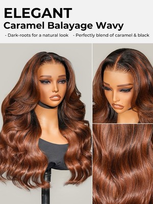 Original Caramel Balayage Highlight Perücken 13x4 Frontperücke Customized welliges Haar