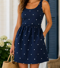 Gap Dress Womens 2 Navy White Embroidered Polka Dot Fit Flare Preppy Coastal