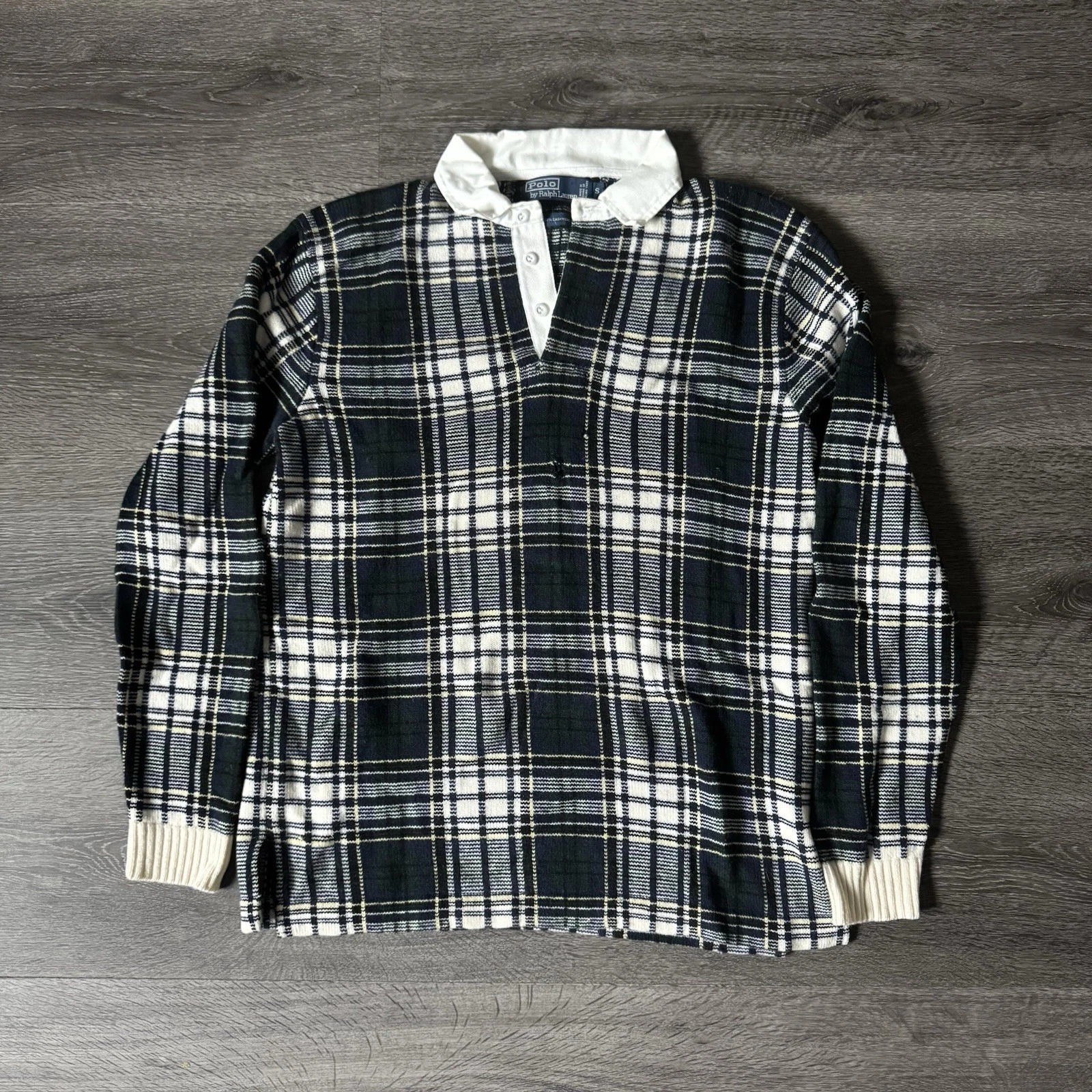 VTG Polo Ralph Lauren Small 100% Cashmere Plaid Rugby Shirt White Collar