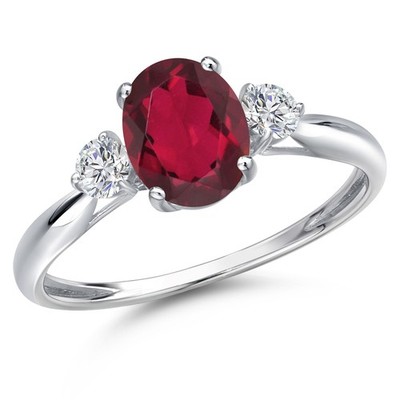 10K White Gold Ruby Red Mystic Topaz and Lab Grown Diamond 3-Stone Ring For
