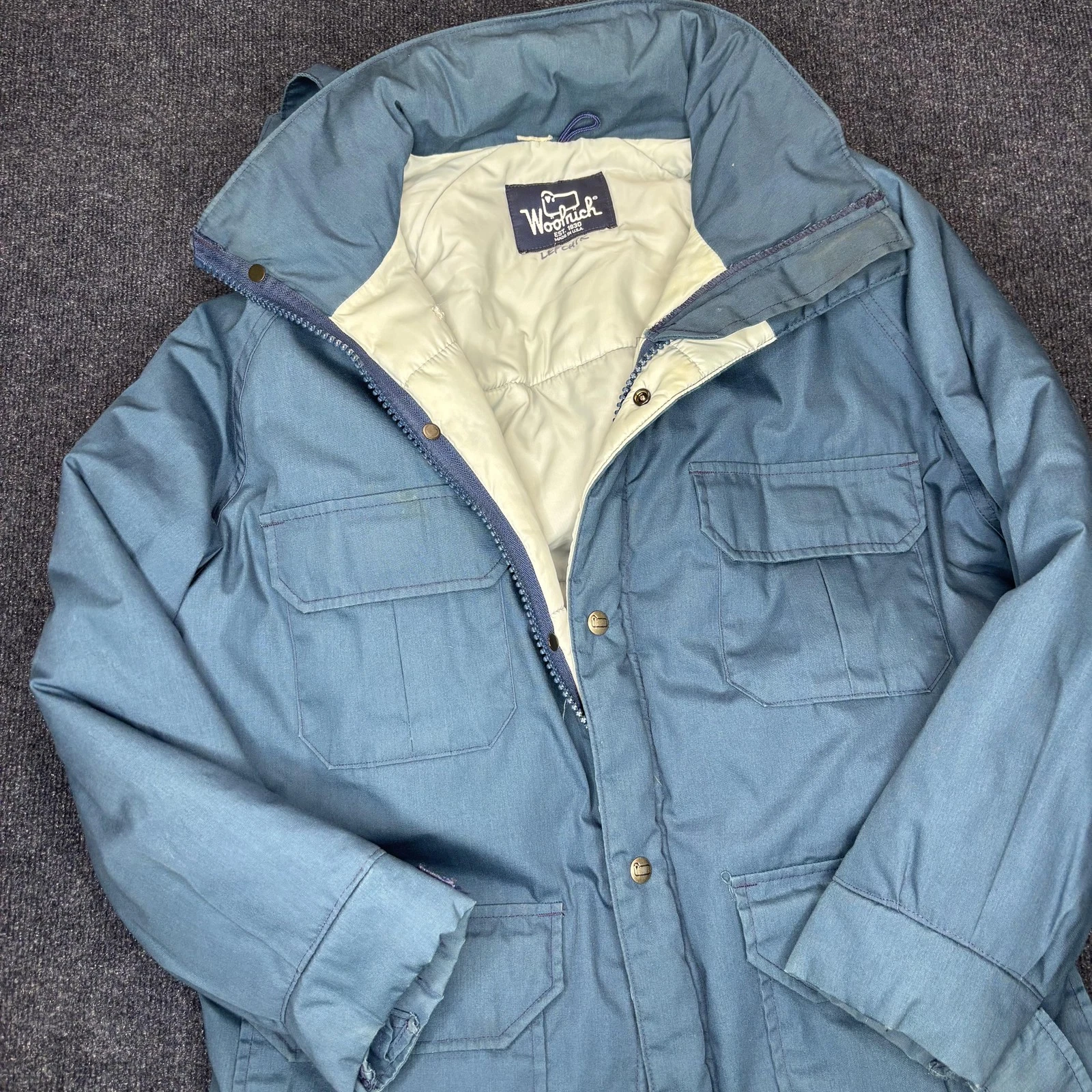 Vintage Woolrich Jacket Mens Large Blue Insulated Hooded Parka Made USA 80s
