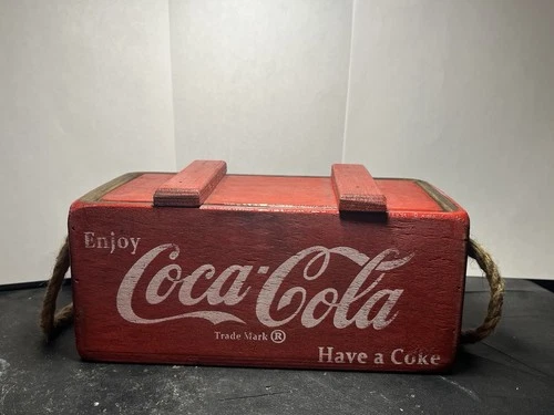 Vintage Coca-Cola Wooden Soda Box Red Wood Box with Lid Rope Handles