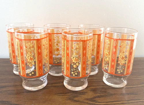 Set of 6 Anchor Hocking Glass Tumblers  Floral Orange Golden Yellow VTG 5 1/4"