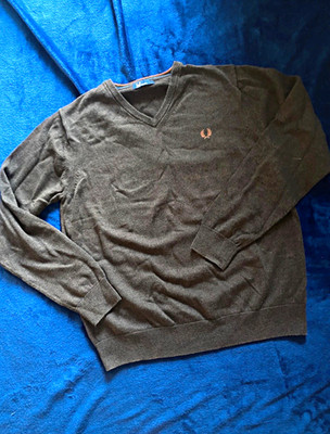 Fred Perry Herren Pullover Grau Gr. L V-Ausschnitt Strick Merinowolle/Baumwolle