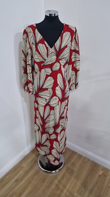 Jaeger Kleid Blütenblattmuster Größe 12 Rot Beige Fit Flare Damen Hochzeit V-Ausschnitt 