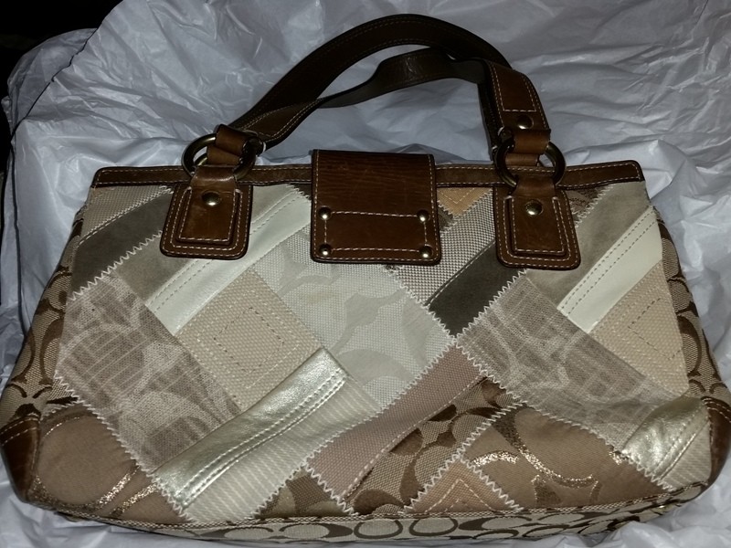 COACH KHAKI BROWN SIGNATURE PATCHWORK ZIP TURNLOCK TOTE BAG