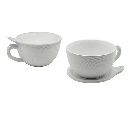 Temp-tations White Woodland Soup Mugs w Lid Plate "Mug-a-Bowl" Set of 2 NEW