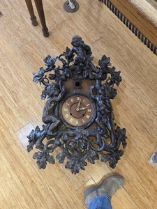 Rare Huge Antique Black Forest Wooden Clock Unusual Cherub Motif Carving 3' X 2'
