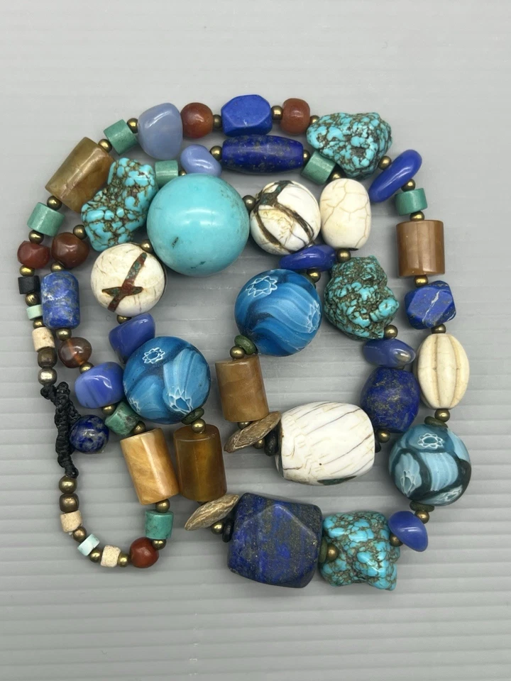 Collar de cuentas usado vintage Asia Nepal ágata turquesa lapislázuli concha cuentas Mala Foto 4 de 4