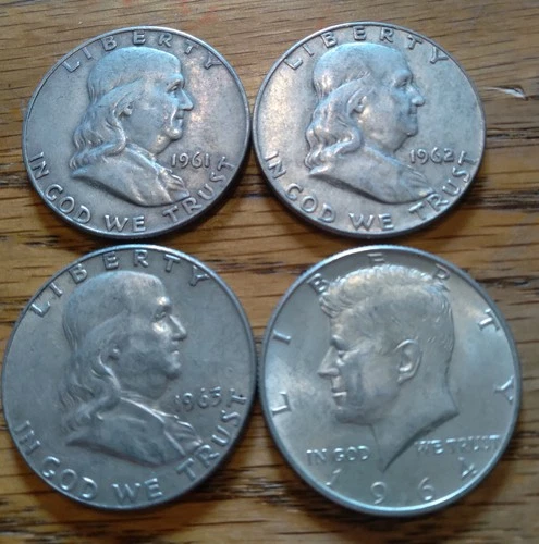 Lot of 4 Franklin (3) & Kennedy (1) Silver Half Dollars 1961, 1962, 1963 & 1964