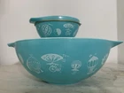 VTG 1958 Pyrex Hot Air Balloons Cinderella Chip & Dip Bowls W/Holder Turquoise