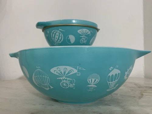 VTG 1958 Pyrex Hot Air Balloons Cinderella Chip & Dip Bowls W/Holder Turquoise