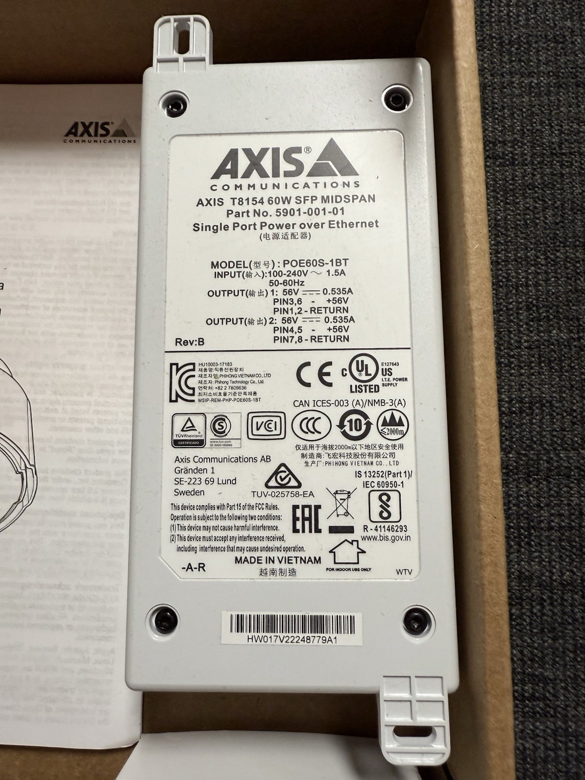 Axis Communications T8154 60W SFP Mid Span POE60S-1BT New (READ)