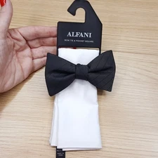 ALFANI Mens Bow Tie & Pocket Square Black Stripe White Pre-tied Bowtie Set