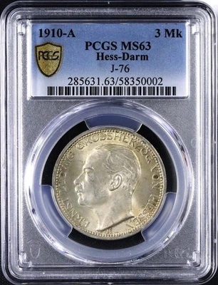 Kaiserreich Hessen 3 Mark 1910 A Großherzog Ernst Ludwig PCGS MS63 - Bild 1 von 2