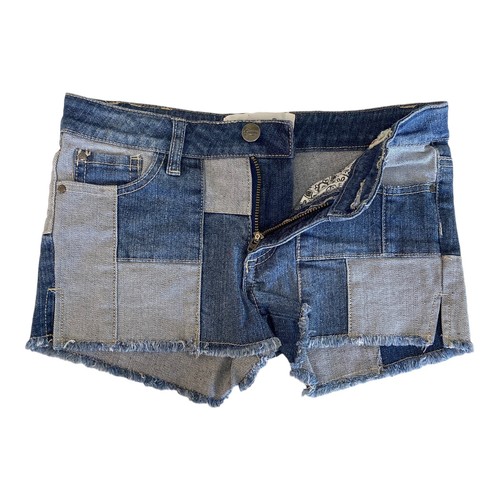 Gum Girls Denim Shorts Size 10 W72cm Stretch Patchwork Frayed Hem 5 Pocket Blue - Picture 6 of 14