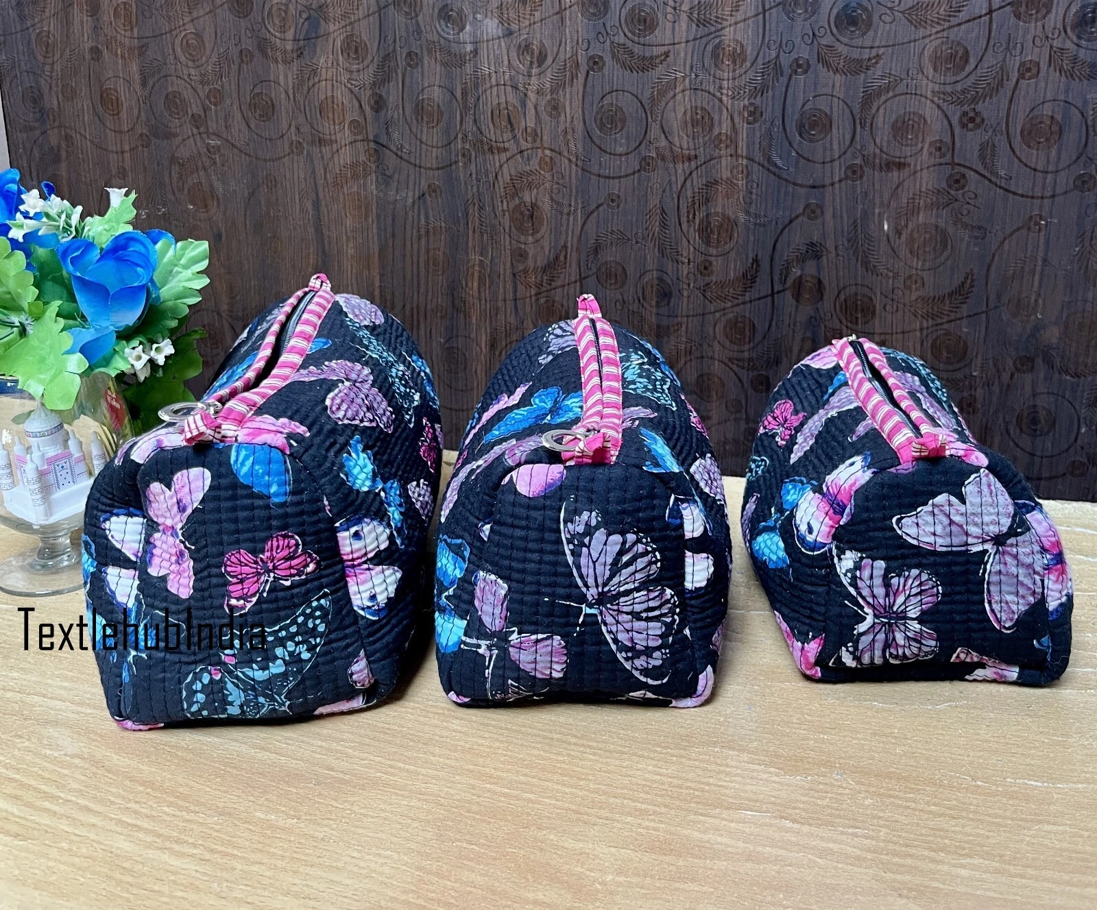 Indian Butterfly Print Cotton Quilted Toiletry Purse Cosmetic Storage Bag Of 3Pc