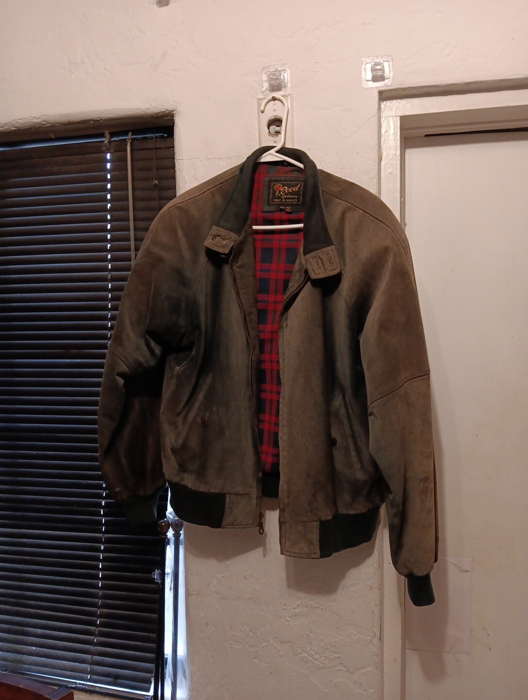 Bomber Jacket Coat Reed Sportswear Mens Sz 40 Suede Leather Buffalo Plaid Lined-image