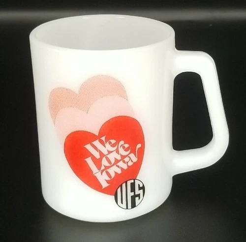 Vintage 79 Federal Glass Milk Glass Mug We Love Iowa Hearts Red UFS Advertising 