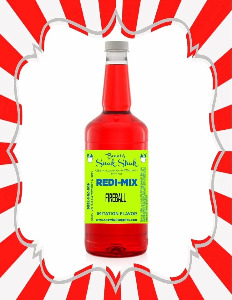 BONNIES SNAK SHAK Shaved Ice Syrup - FIREBALL FLAVOR IN LONGNECK QUART SIZE #1SNOBALL