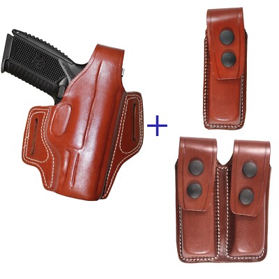 Handmade Leather OWB Carry Thumb Break Gun Holster With Magazine Pouch (Brown)