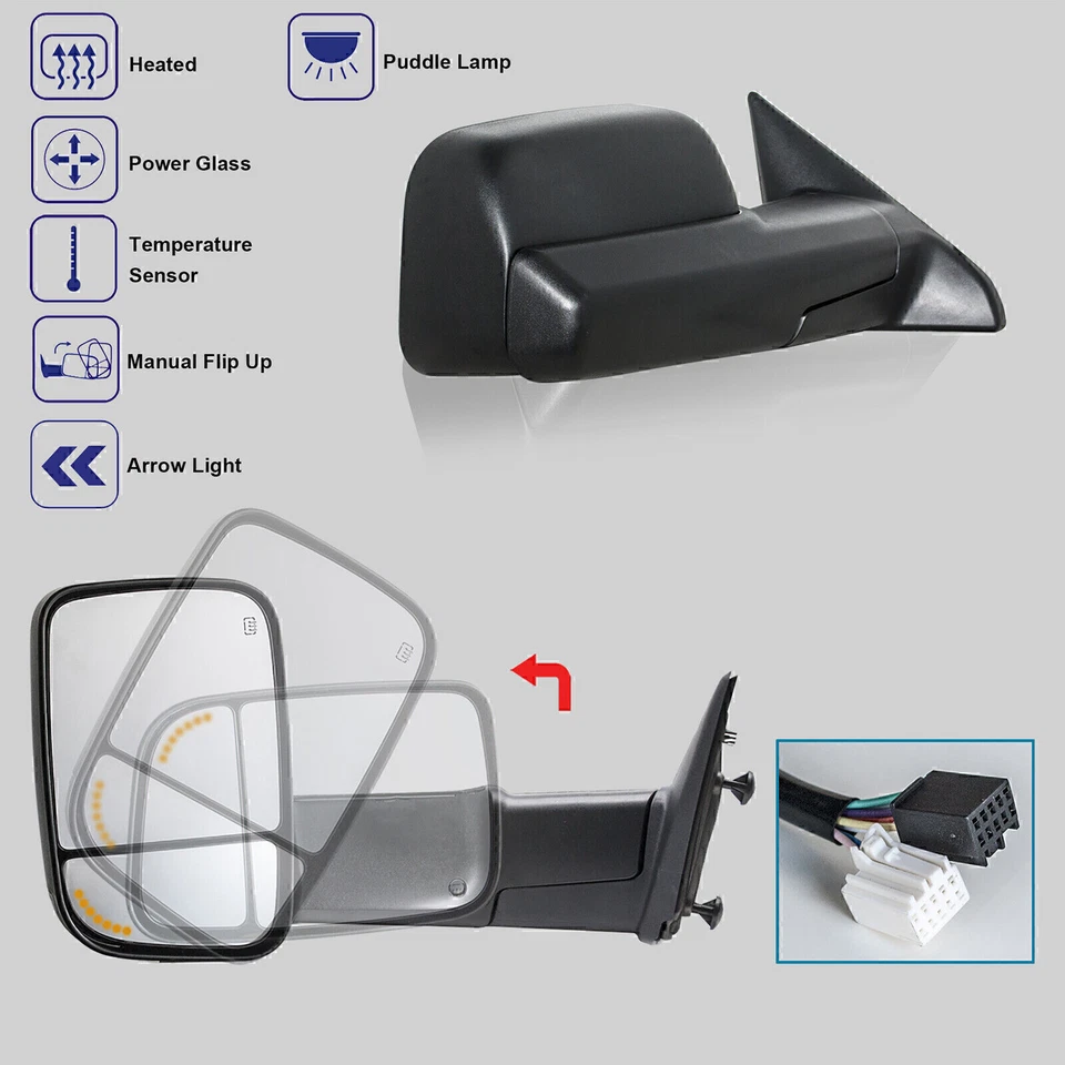 Par de espejos retrovisores de remolque para Dodge Ram 1500 2019-2023 Classic potencia sensor de flecha térmica Foto 2 de 4