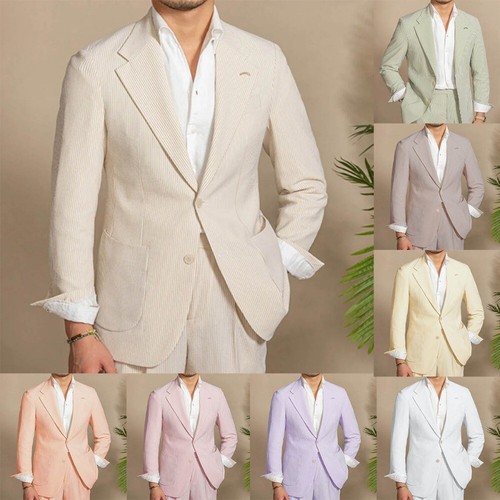 Men's Summer Seersucker Suits Regular Fit Notch Lapel Groom Formal Jacket Pant