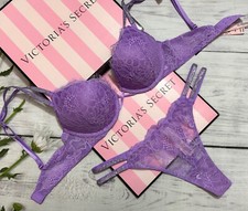Victoria s Secret Shine Double Strap Lace Push-Up Bra Thong Set Purple Paradise