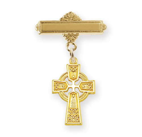 Gold Over Sterling Silver Baby Irish Celtic Cross Pendant on Bar Pin, US Made
