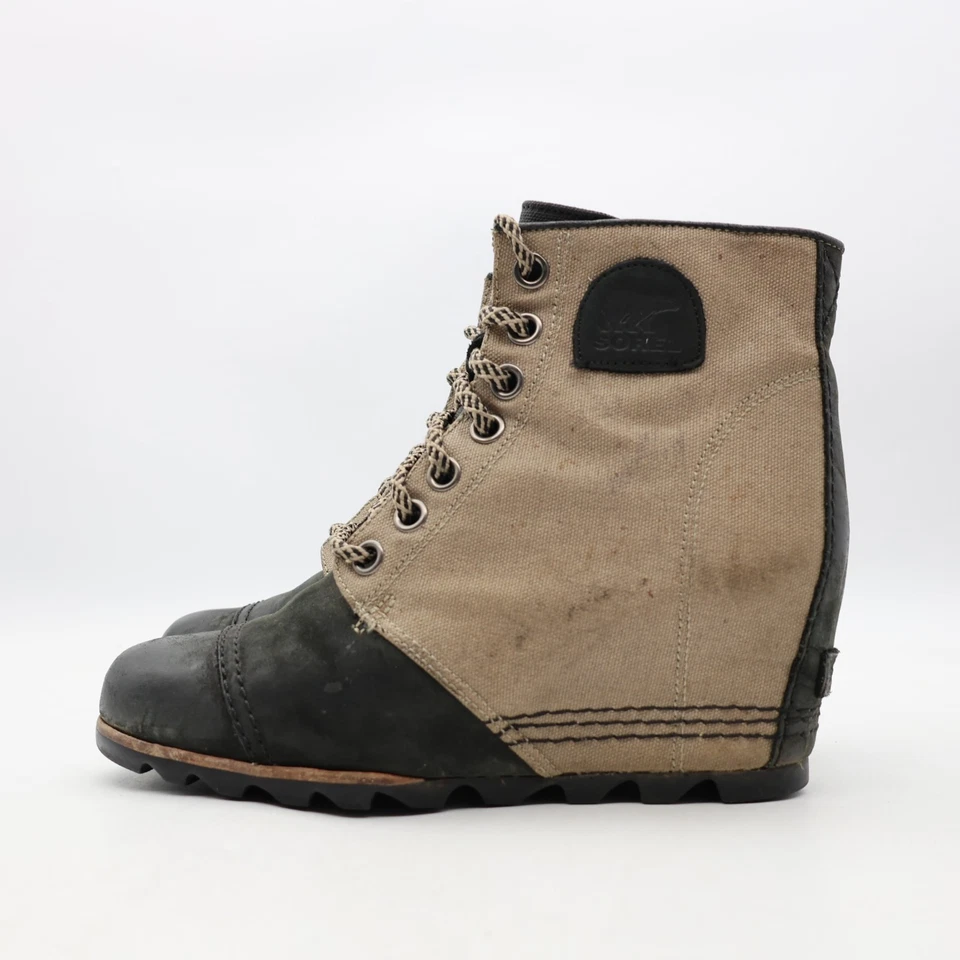 Botas anabela Sorel Lexie couro preto lona cinza femininas EUA tamanho 10 tornozelo - Imagem 3 de 4