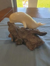 White Beluga Whale on Burl Wood Sculpture by John Perry