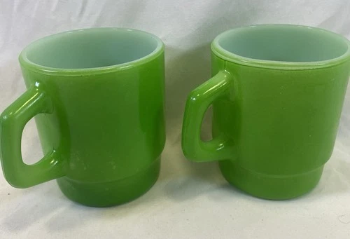 Lot Of 2 - Anchor Hocking Milk Glass Green Coffee Cups / Mugs Made In USA Vtg.