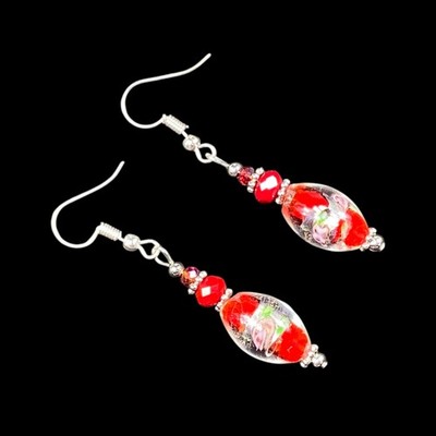 Avante Jewelry EARRINGS #4 Red Pink Glass Beaded Dangle Silver Tone