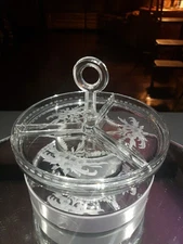 Divided Candy Relish dish handle tidbit Engraved Glass Crystal Hawkes signed