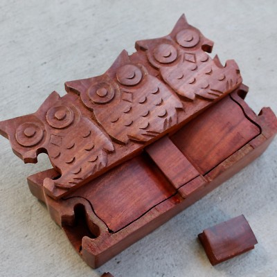 Mystic Owl family Wood Puzzle Box Treasure Mystery stash Rustic Antique Trinket 